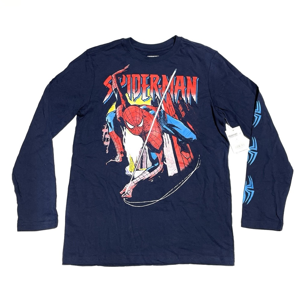 NWT Boys Size Large 10/12 Marvel Spider-Man Navy Blue Long Sleeved Shirt NEW